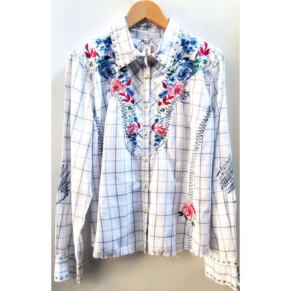 3J Workshop Johnny Was L Plaid Shirt Embroidery Rose Western Cowgirl Raw Hem L/S - Picture 2 of 16
